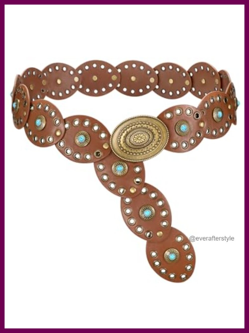 Wide Disc Western Belt with Turquoise Accents PU Leather Boho